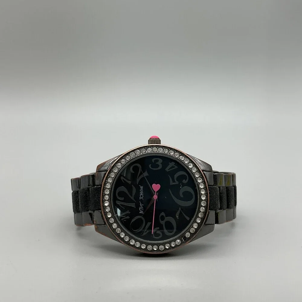 Betsey Johnson BJW024BK Womens Watch 40mm Black Dial Crystals New Battery 7.5
